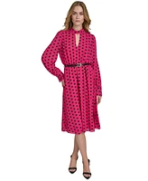 Halston Women's Dot-Print Belted Keyhole Midi Dress