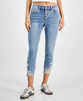 Indigo Rein Juniors' Mid Rise Button Fly Distressed Cropped Curvy Jeans