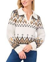 CeCe Women's Collared Fair Isle Sweater