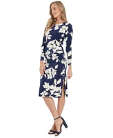 London Times Women's Floral Side-Ruched Long-Sleeve Midi Dress