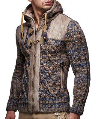 Leif Nelson Men's Knit Zip-up Jacket With Geometric Patterns and Leather Accents