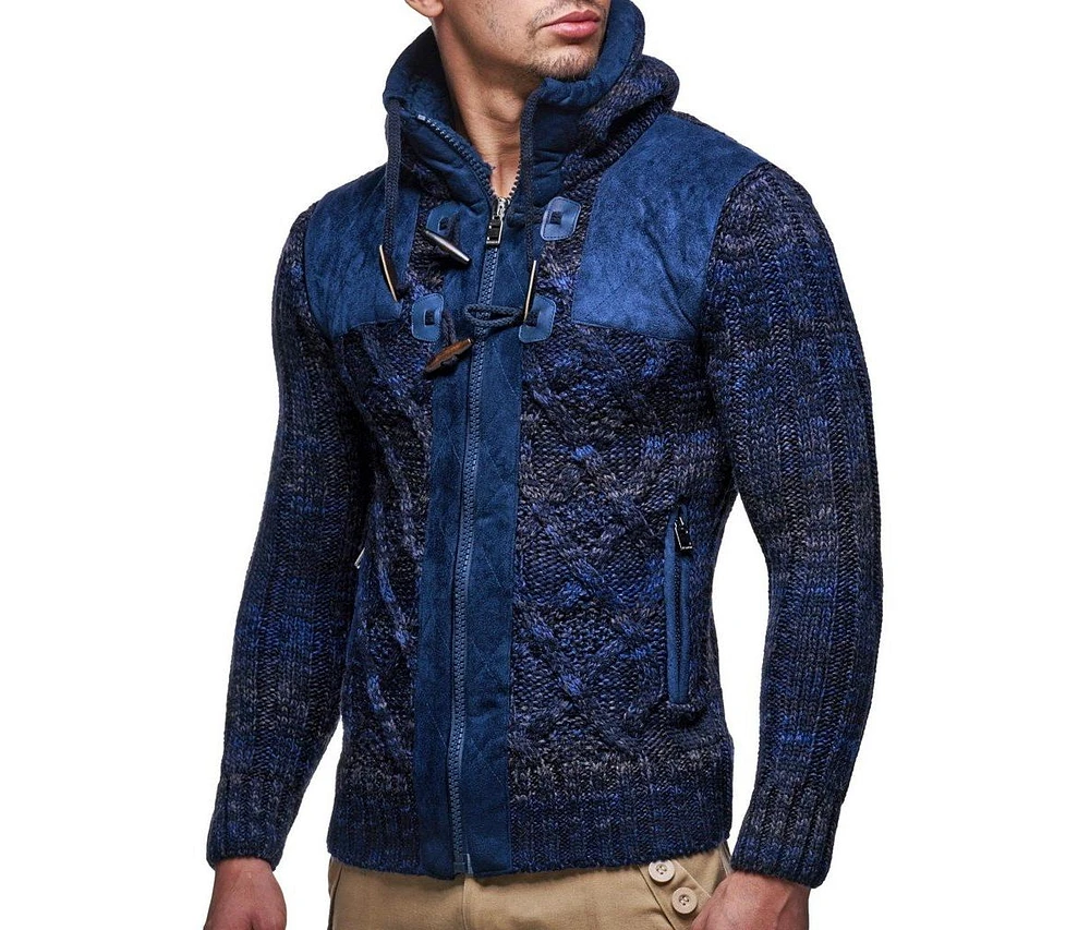 Leif Nelson Men's Knit Zip-up Jacket With Geometric Patterns and Leather Accents