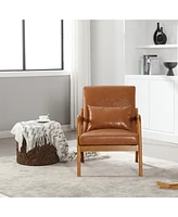 Modern Accent Chair, Solid Wood Padding Lounge Armchairs With One pillow for Living Room, Bedroom, Guest Room (Light Brown Pu)