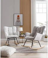 Mid Century Modern Velvet Tufted Upholstered Rocking Chair Padded Seat for Living Room Bedroom, White