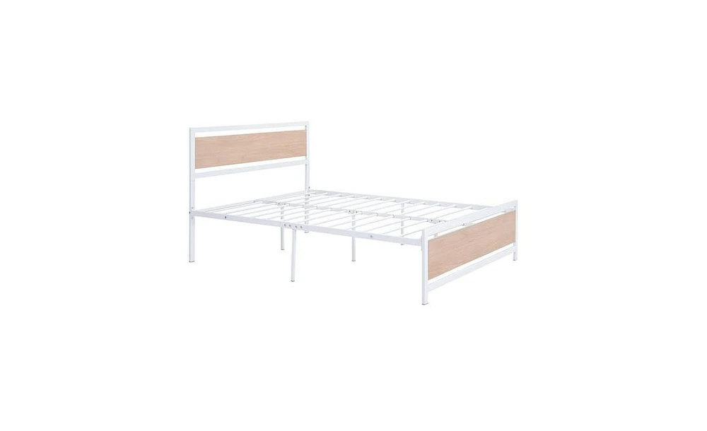 Slickblue Full Size Platform Bed, Metal and Wood Bed Frame with Headboard and Footboard , White