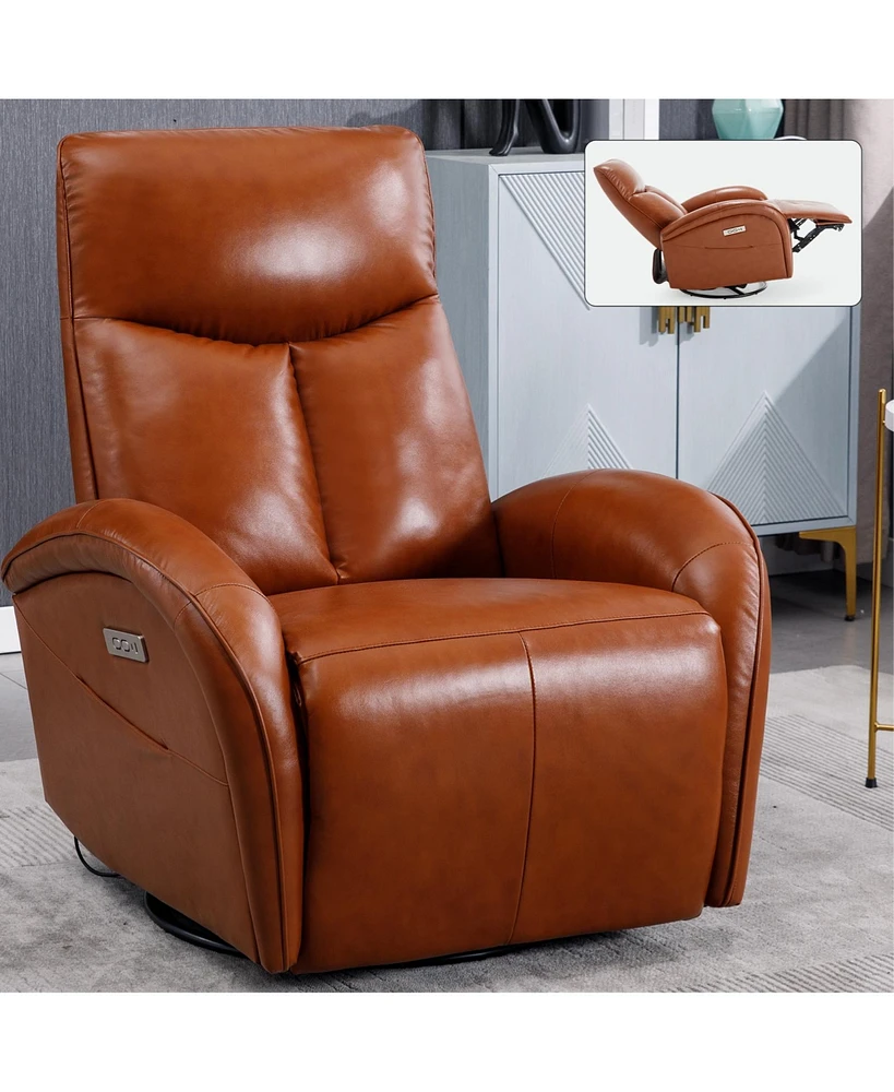 Streamdale Furniture Yellow Brown Genuine Leather Swivel and Rocker Power Recliner Chair with Lumbar Support, Max Swivel Degree 270, Heavy Duty Motion