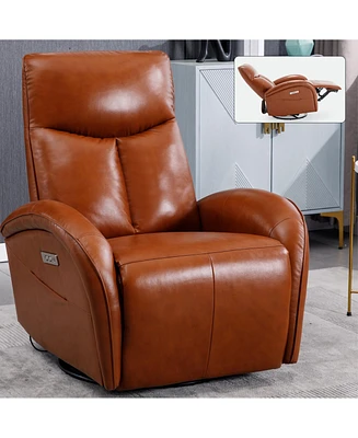 Streamdale Furniture Yellow Brown Genuine Leather Swivel and Rocker Power Recliner Chair with Lumbar Support, Max Swivel Degree 270, Heavy Duty Motion