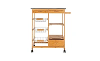 Slickblue Moveable Kitchen Cart with Stainless Steel Table Top, Three Drawers, and Three Baskets in Burlywood for Versatile Storage and Convenience