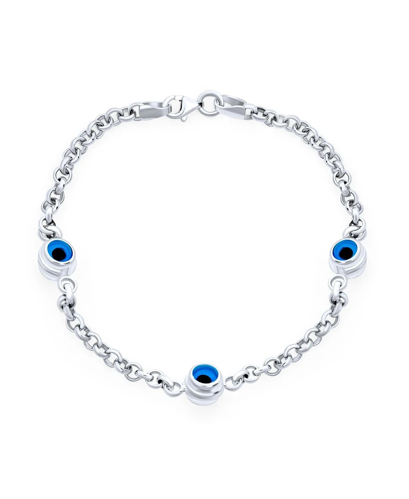 Bling Jewelry Delicate Turkish Spiritual Protection Amulet Station Chain Link Evil Eye Blue Evil Eye Charm Bracelet For Women Sterling Silver 7.5 Inch