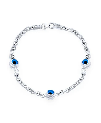 Bling Jewelry Delicate Turkish Spiritual Protection Amulet Station Chain Link Evil Eye Blue Evil Eye Charm Bracelet For Women Sterling Silver 7.5 Inch