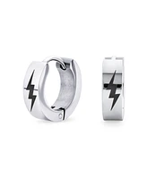 Bling Jewelry Light Bolt Hoop Earrings Laser Etched Silver Tone Stainless Steel