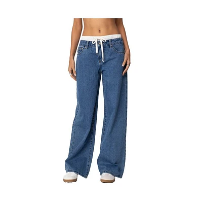 Edikted Womens Drawstring Boxer Detail Jeans