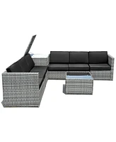 Sugift 8 Piece Wicker Sofa Rattan Dinning Set Patio Furniture with Storage Table-Black