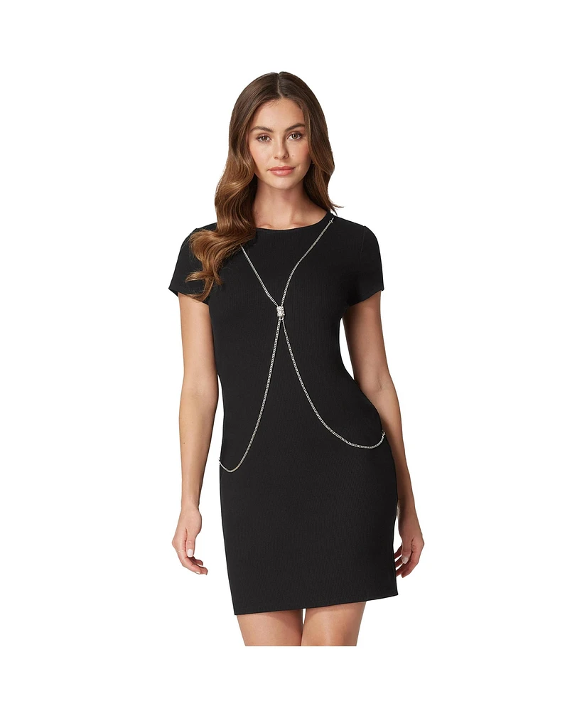 Bebe Women's T-shirt Rib Body Chain Dress, Black, Medium