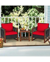 Sugift 3 Pieces Acacia Wood Patio Furniture Set with Coffee Table-Red