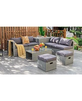 Sugift 8 Pieces Patio Rattan Furniture Set with Storage Waterproof Cover and Cushion-Gray