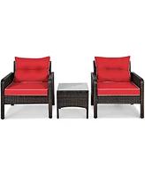 Sugift 3 Pcs Outdoor Patio Rattan Conversation Set with Seat Cushions-Red