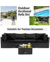 Sugift 5 Pieces Cushioned Patio Rattan Furniture Set with Glass Table-Black