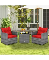 Sugift 3 Pieces Outdoor Wicker Conversation Set with Tempered Glass Tabletop-Red