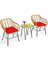 Sugift 3 Pieces Rattan Furniture Set with Cushioned Chair Table-Red