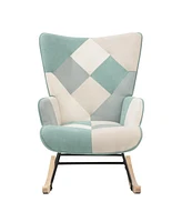 Rocking Chair with ottoman, Mid Century Fabric Rocker Chair with Wood Legs and Patchwork Linen for Livingroom Bedroom