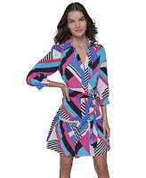 Karl Lagerfeld Paris Women's Geo-Print Tie-Waist 3/4-Sleeve Dress