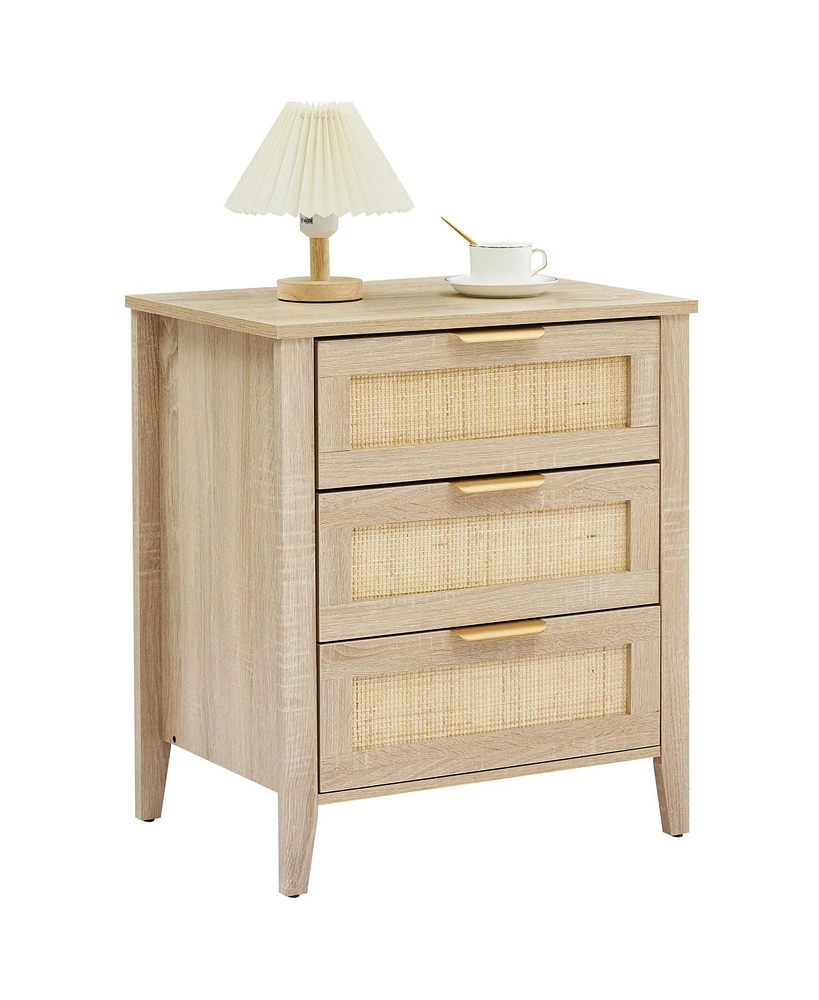 gaomon Nightstand, Rattan End Table, Nightstands with 3 Natural Rattan Drawers, Strong Support Wooden Structure, Side Table