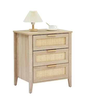 gaomon Nightstand, Rattan End Table, Nightstands with 3 Natural Rattan Drawers, Strong Support Wooden Structure, Side Table