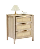 gaomon Nightstand, Rattan End Table, Nightstands with 3 Natural Rattan Drawers, Strong Support Wooden Structure, Side Table