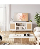 gaomon Tv Stand for 65 Inch Tv, Rattan Entertainment Center Modern Tv Console Table White Tv Stand with Storage, Doors and Shelves