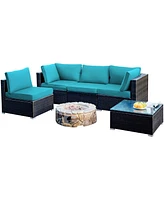 Sugift 5 Pieces Cushioned Patio Rattan Furniture Set with Glass Table-Turquoise