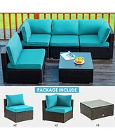 Sugift 5 Pieces Cushioned Patio Rattan Furniture Set with Glass Table-Turquoise