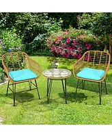 Sugift 3 Pieces Rattan Furniture Set with Cushioned Chair Table-Turquoise