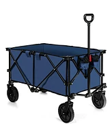 Sugift Outdoor Folding Wagon Cart with Adjustable Handle and Universal Wheels-Navy