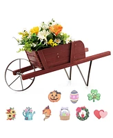 Sugift Wooden Wagon Planter with 9 Magnetic Accessories for Garden Yard-Red