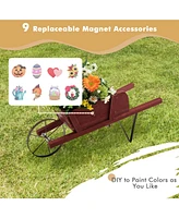 Sugift Wooden Wagon Planter with 9 Magnetic Accessories for Garden Yard-Red