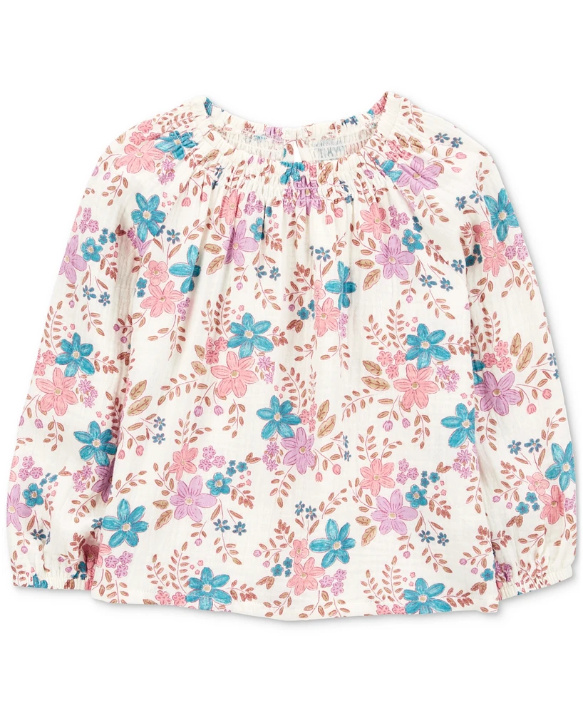 Carter's Toddler Girls Cotton Floral-Print Woven Long-Sleeve Fashion Top