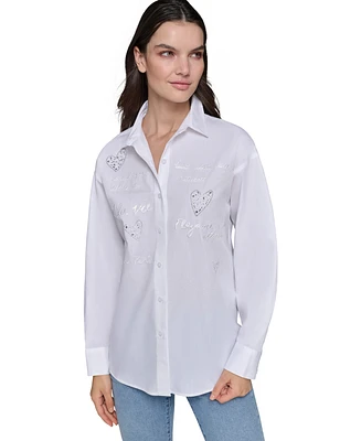 Karl Lagerfeld Paris Women's Poplin Embellished Button-Down Top