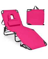 Sugift Beach Chaise Lounge Chair with Face Hole and Removable Pillow-Pink