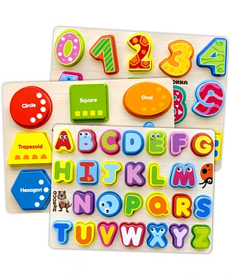 Quokka 3xSET Chunky Wooden Puzzles for Toddlers 1-3 - Numbers Alphabet Shapes