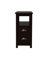 Slickblue Narrow End Table Nightstand with Two Drawers and Open Shelf, Brown Finish for Bedroom or Living Room