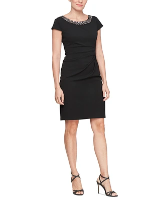 Sl Fashions Women's Embellished-Neck Cap-Sleeve Sheath Dress