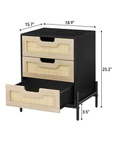 gaomon Rattan Nightstand, 25" Tall Black Nightstand with 3 Natural Rattan Drawers, Boho Mid Century Modern End Table Side Table