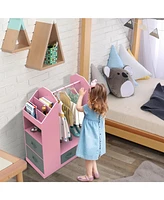 Slickblue Kids Open Hanging Armoire Closet with Mirror, Pink Costume Organizer Rack for Dress-Up Storage
