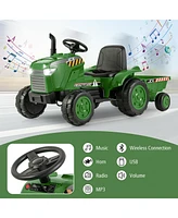 Hongge 12V Kids Ride On Tractor with Trailer and Remote Control-Dark Green