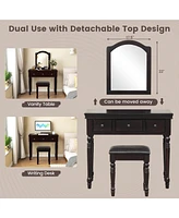 Sugift Makeup Vanity Table and Stool Set with Detachable Mirror and 3 Drawers Storage-Walnut