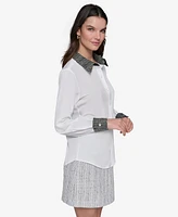 Karl Lagerfeld Paris Women's Tweed-Trim Button-Front Shirt