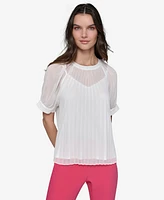 Karl Lagerfeld Paris Women's Pleated Chiffon Short-Sleeve Blouse