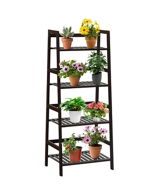 Sugift 4-Tier Bamboo Plant Rack with Guardrails Stable and Space-Saving-Brown