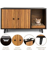 Sugift Cat Litter Box Enclosure with Divider and Double Doors-Coffee